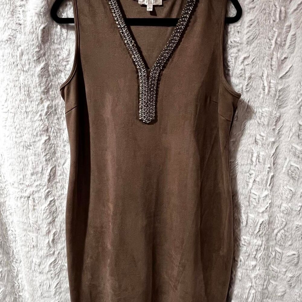 SPENCE Brown suede-like sleeveless V-neck short dress with beaded trim SIZE 14